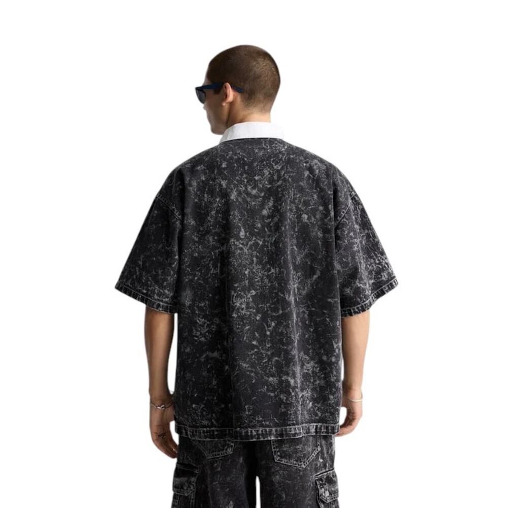 Zara Acid Wash Rugby Polo Shirt Men's XL Oversized Streetwear Goth Grunge Black - Picture 2 of 7